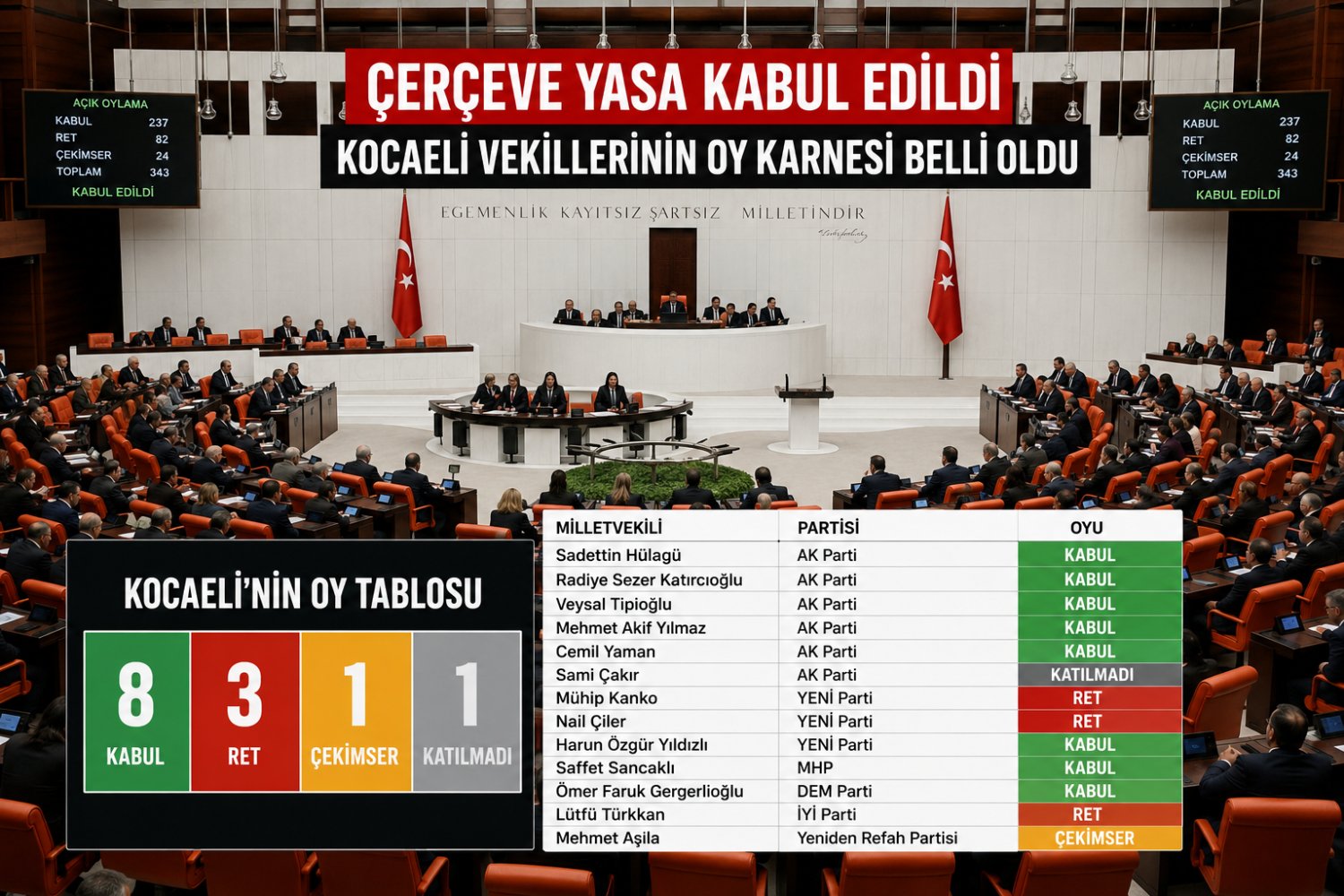 Kocaeli Vekillerinin Çerçeve Yasa Karnesi Belli Oldu! 8 Kabul, 3 Ret